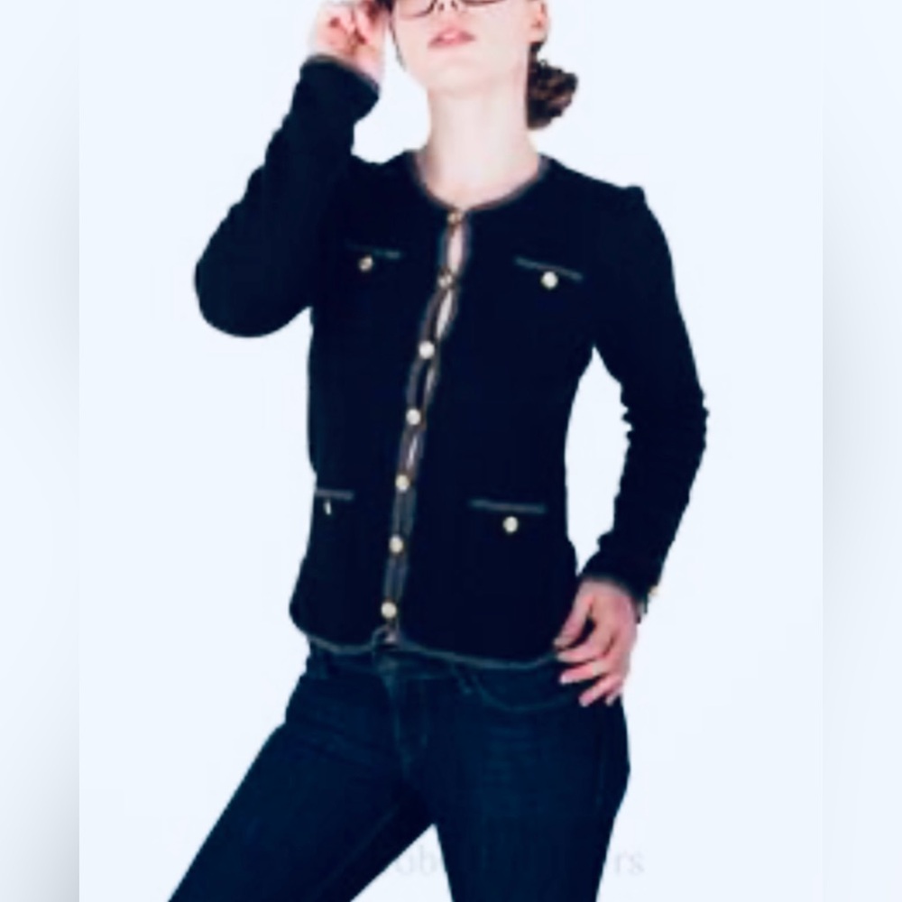TRINA TURK 'Vermouth' Sz M Textured Wool‎ 4 Pocket Crochet Trim Cardigan
